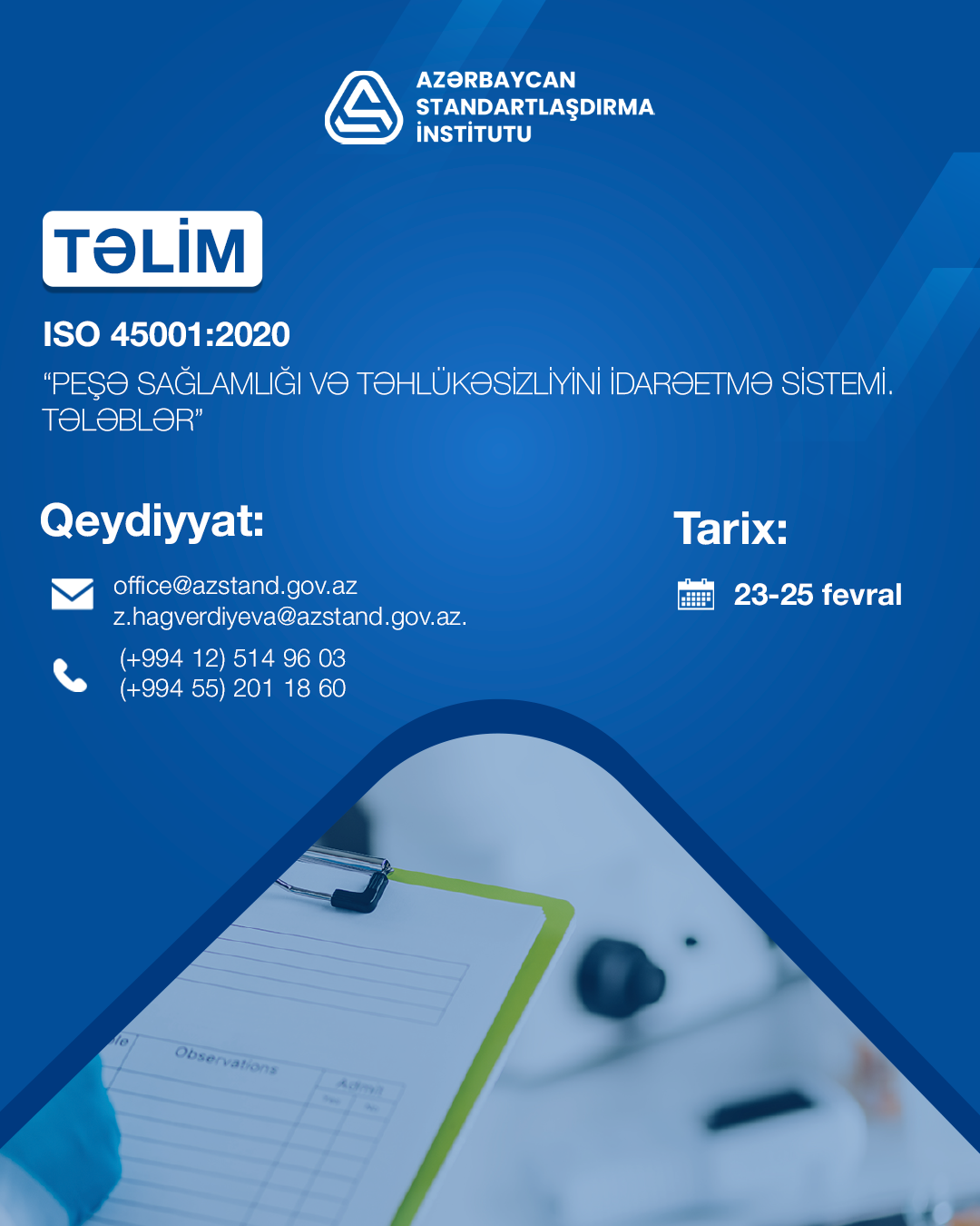 AZSTAND tərəfindən AZS ISO 45001:2021 standartı əsasında daxili auditor təlimi keçiriləcək