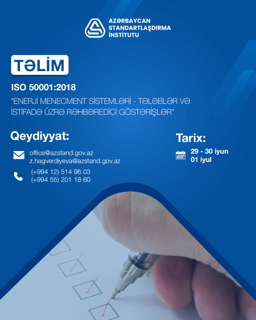 AZSTAND-ın təşkilatçılığı ilə ISO 50001:2018 standartı əsasında daxili auditor təlimi keçiriləcək